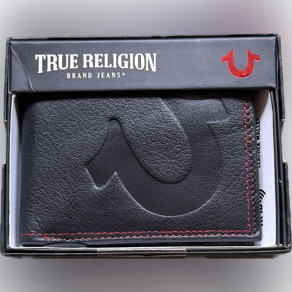 TRUE RELIGION Black Leather Wallet With Red Trim NWT